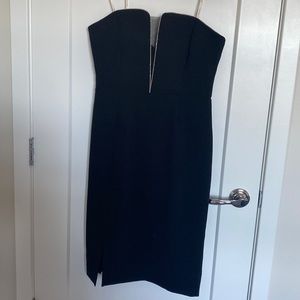 Black strapless midi dress with front slit